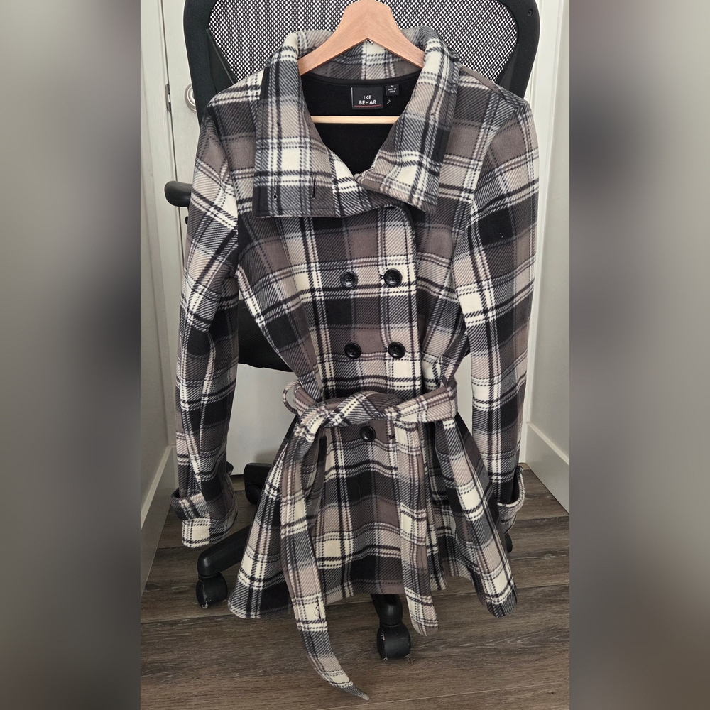 Ike Behar Black, Gray, And White Plaid Trench Coat